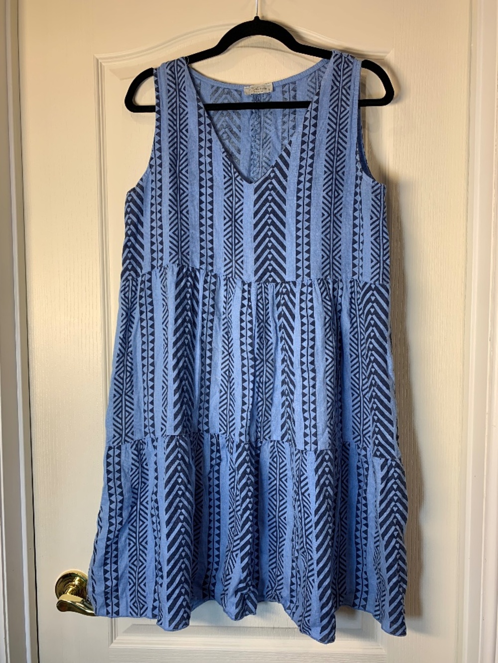 100% Linen Blue Geometric Tiered Swing Dress Relaxed Fit, Size S Bella Amore